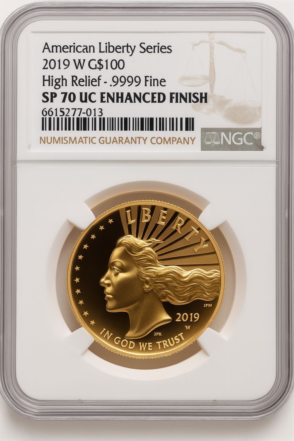 2019-W G$100 American Liberty High Relief Enhanced UC Brown Label NGC MS70