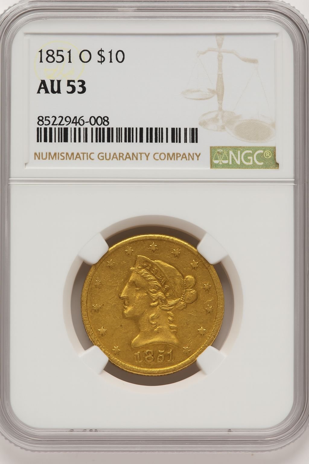 1851-O $10 Liberty Eagle NGC AU53