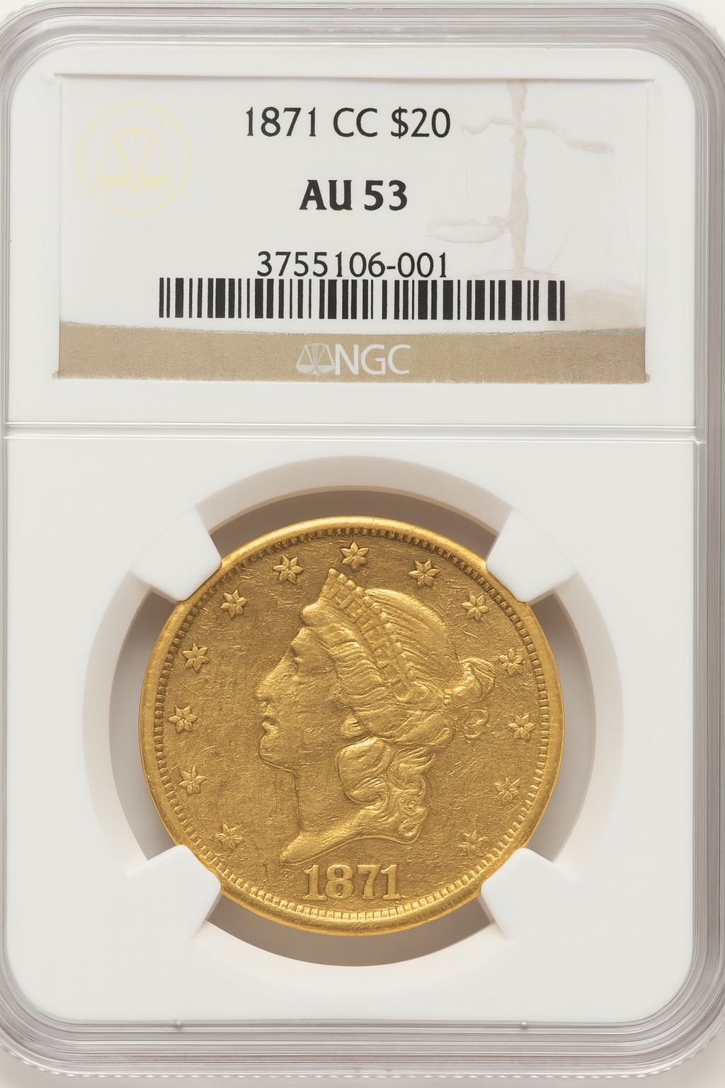 1871-CC $20 Liberty Double Eagle NGC AU53