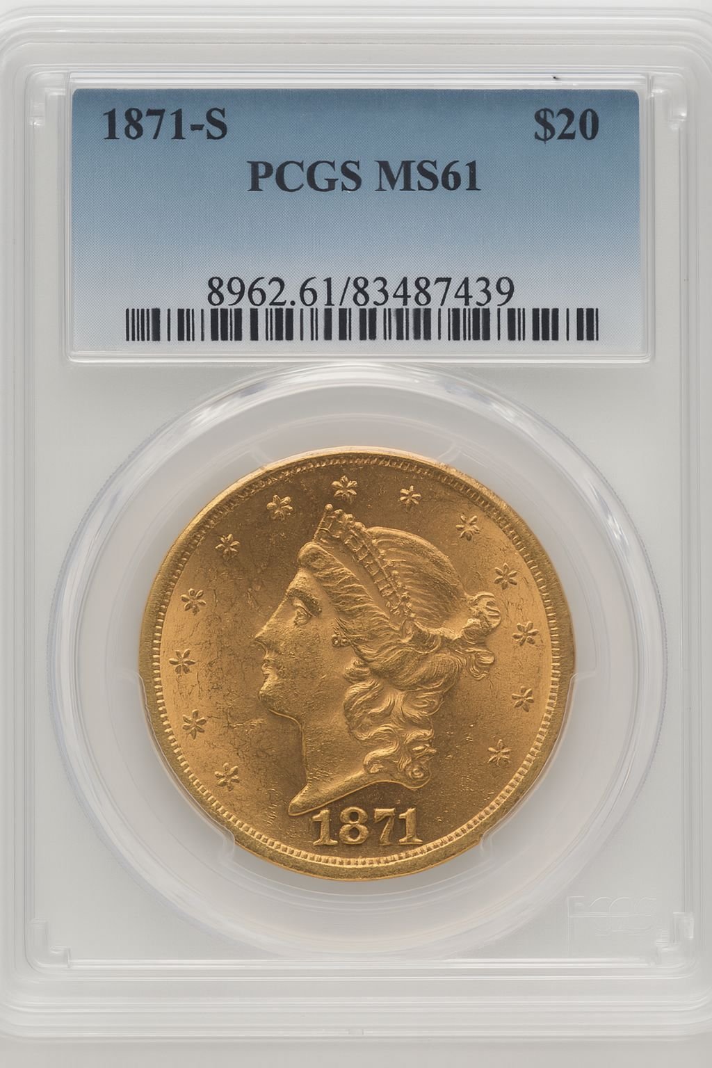 1871-S $20 Liberty Double Eagle PCGS MS61
