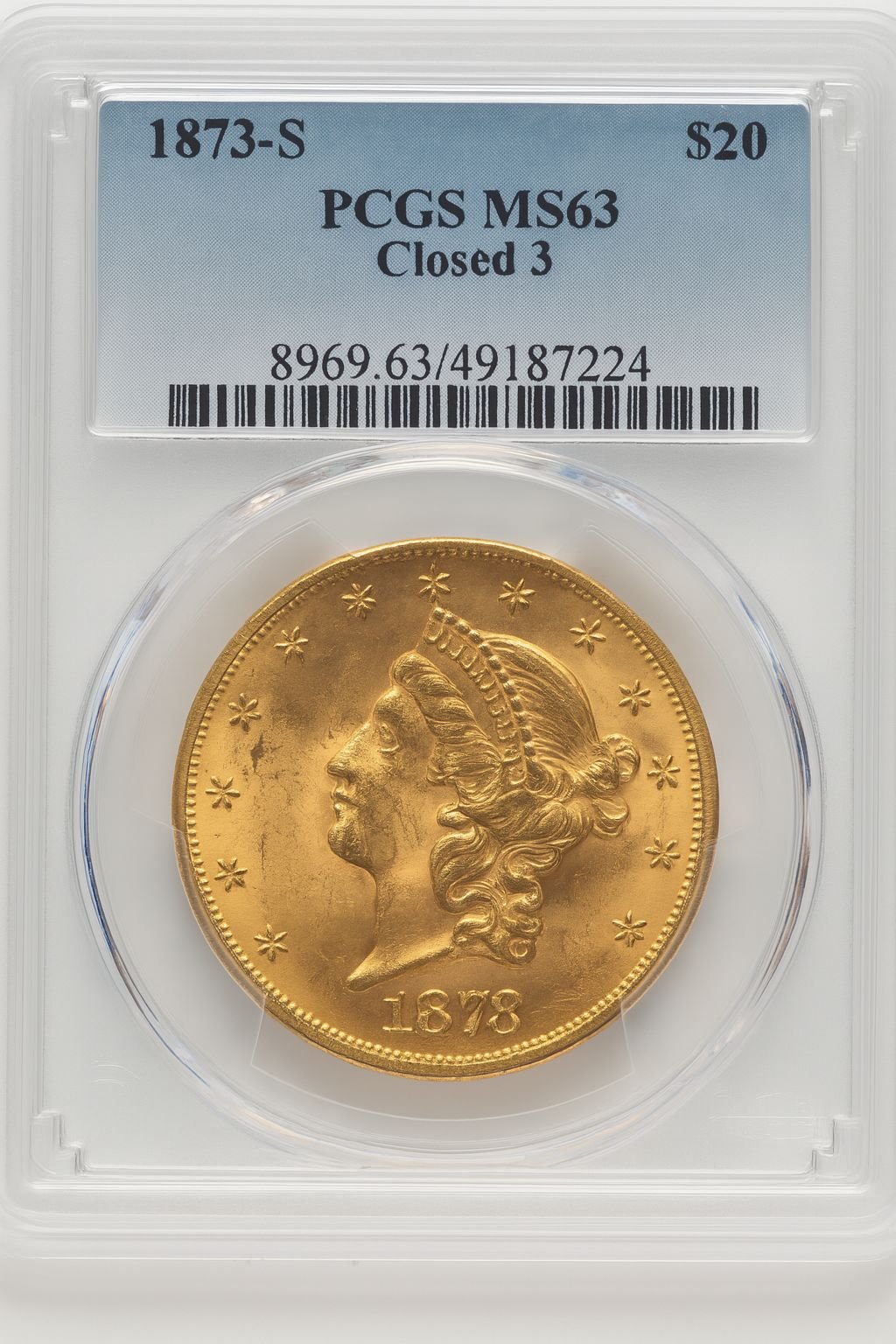 1873-S $20 Closed 3 Liberty Double Eagle PCGS MS63