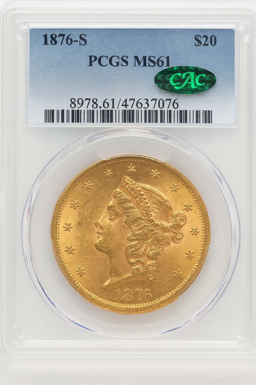 1876-S $20 CAC Liberty Double Eagle PCGS MS61 (775858068)