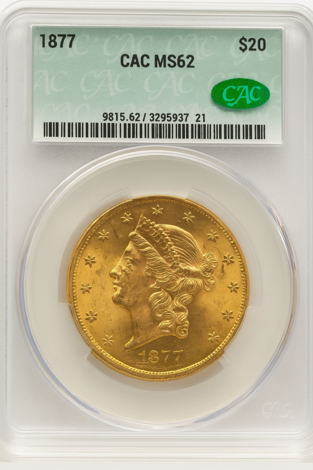 1877 $20 Liberty Double Eagle CACG MS62