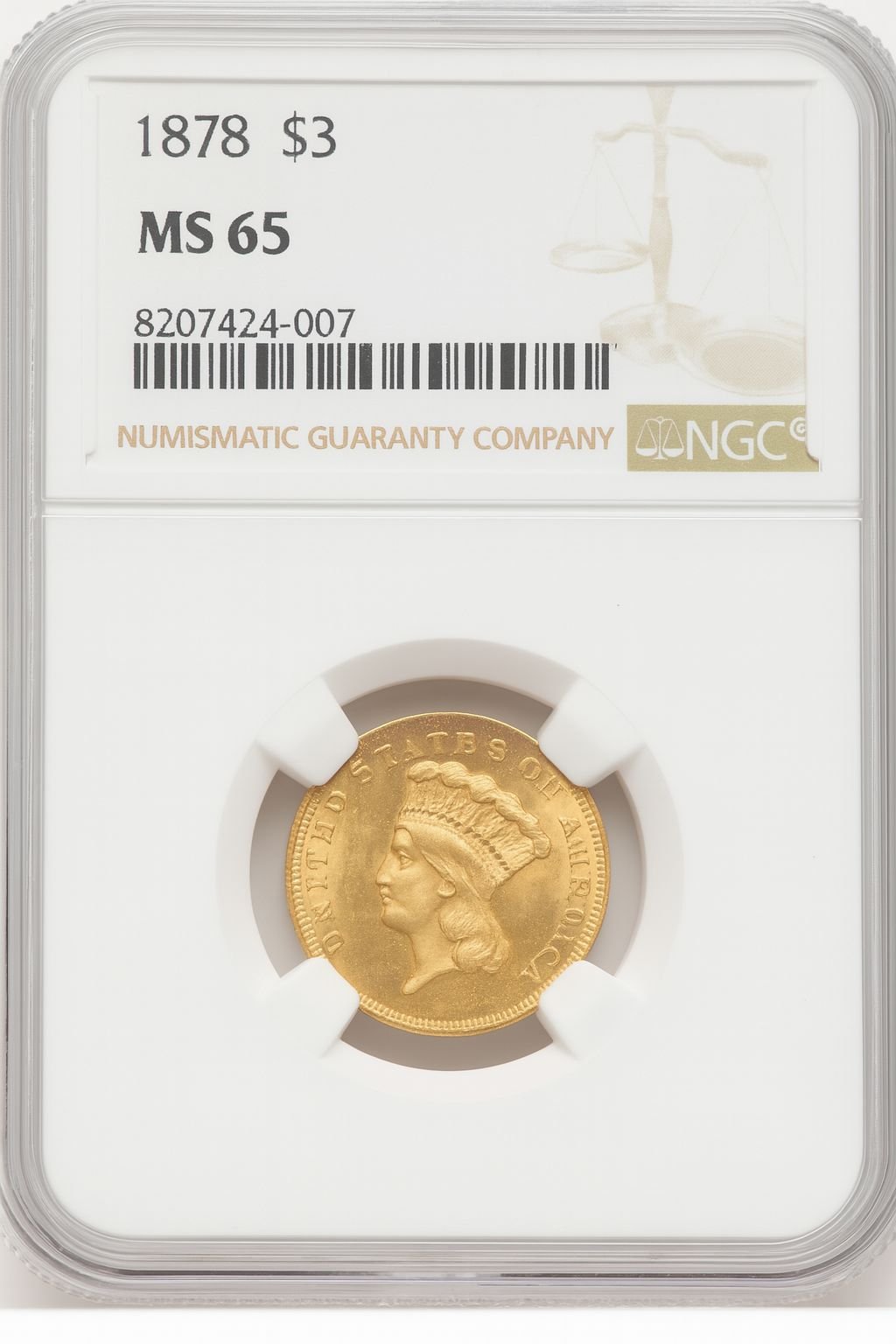 1878 $3 Three Dollar Gold Pieces NGC MS65 (768214025)