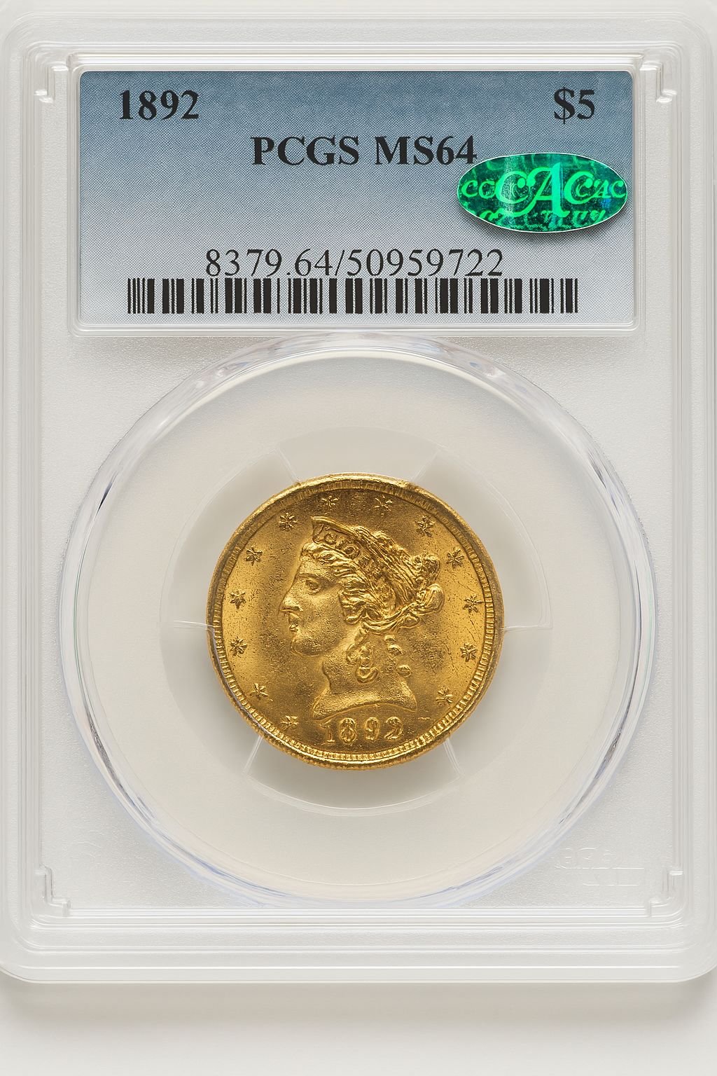 1892 $5 CAC Liberty Half Eagle PCGS MS64