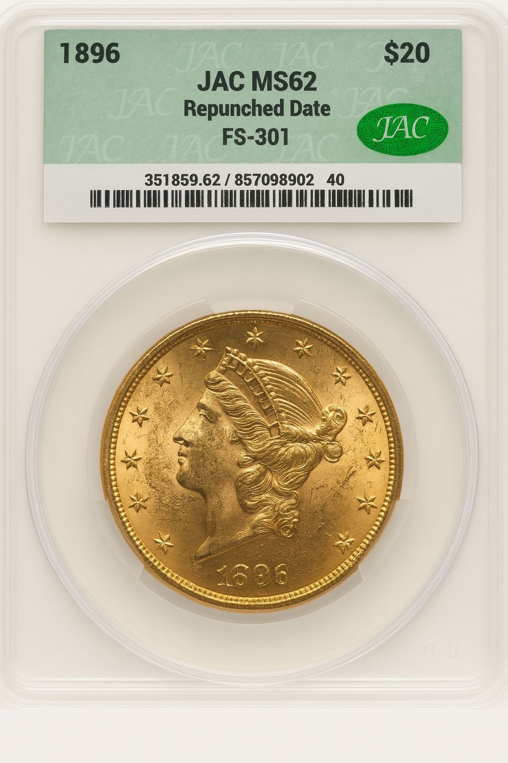 1896 $20 Repunched Date FS-301 Liberty Double Eagle CACG MS62 (507230010)