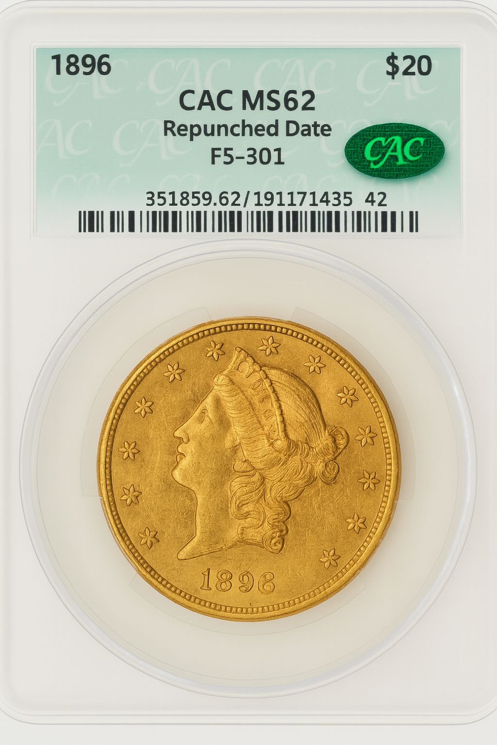 1896 $20 Repunched Date FS-301 Liberty Double Eagle CACG MS62 (507267068)