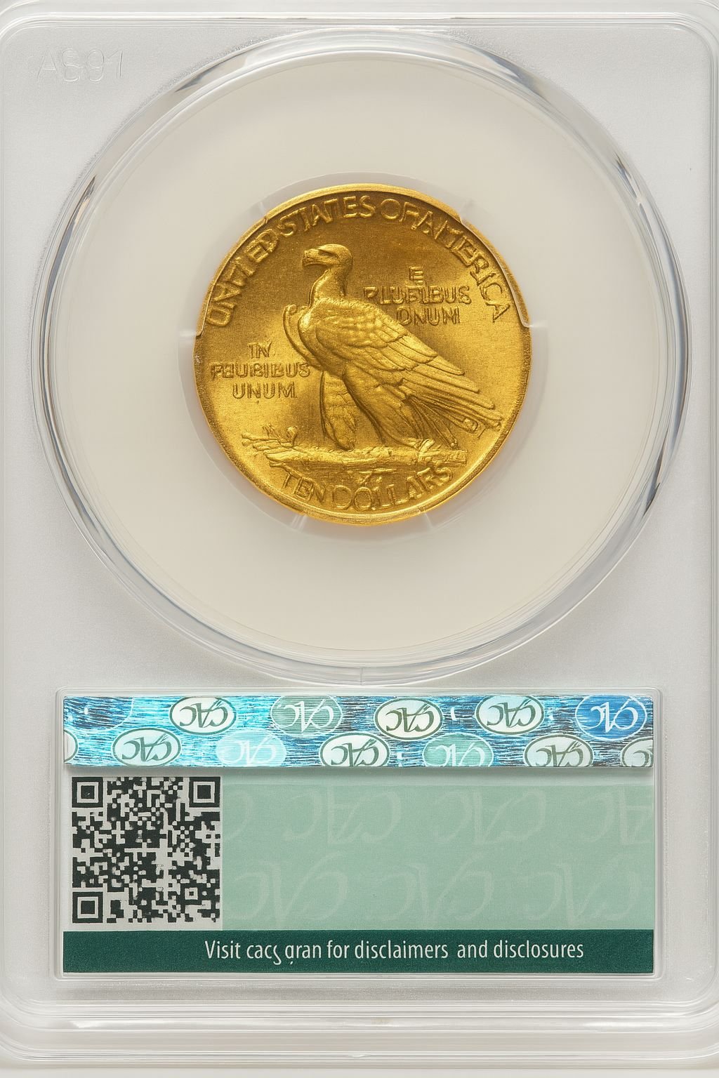 1907 $10 Rolled Rim CACG Plus Indian Eagle CACG MS65+ - Image 2