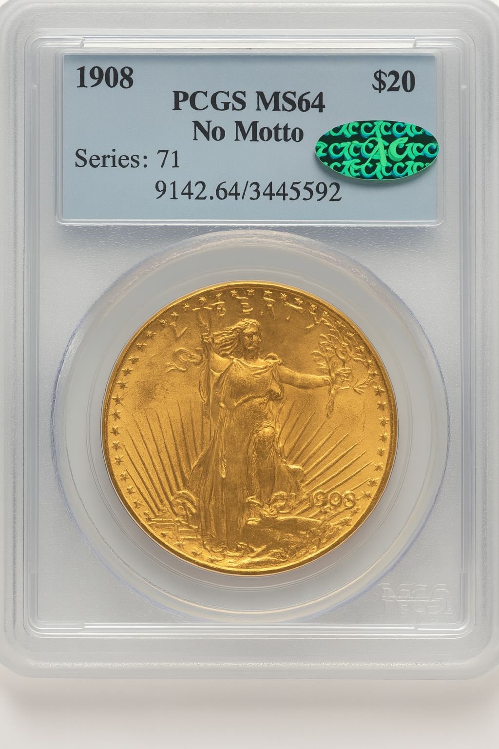 1908 $20 NO MOTTO CAC Saint-Gaudens Double Eagle PCGS MS64 (778032032)