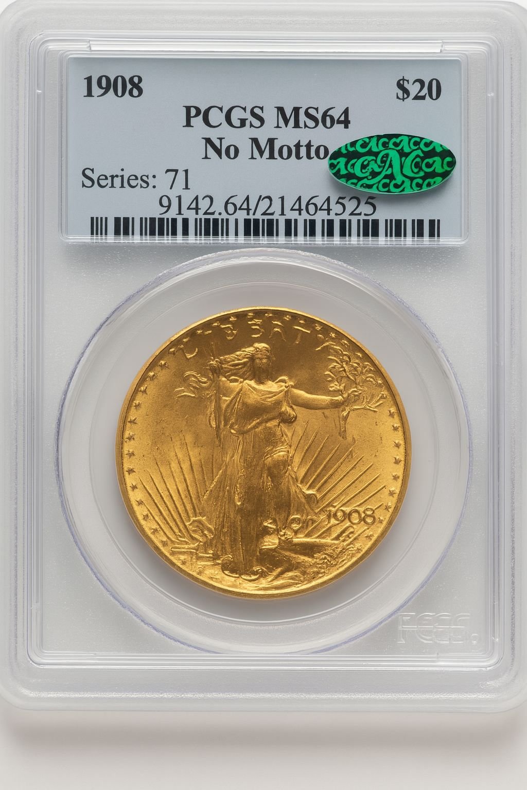 1908 $20 NO MOTTO CAC Saint-Gaudens Double Eagle PCGS MS64 (778032033)