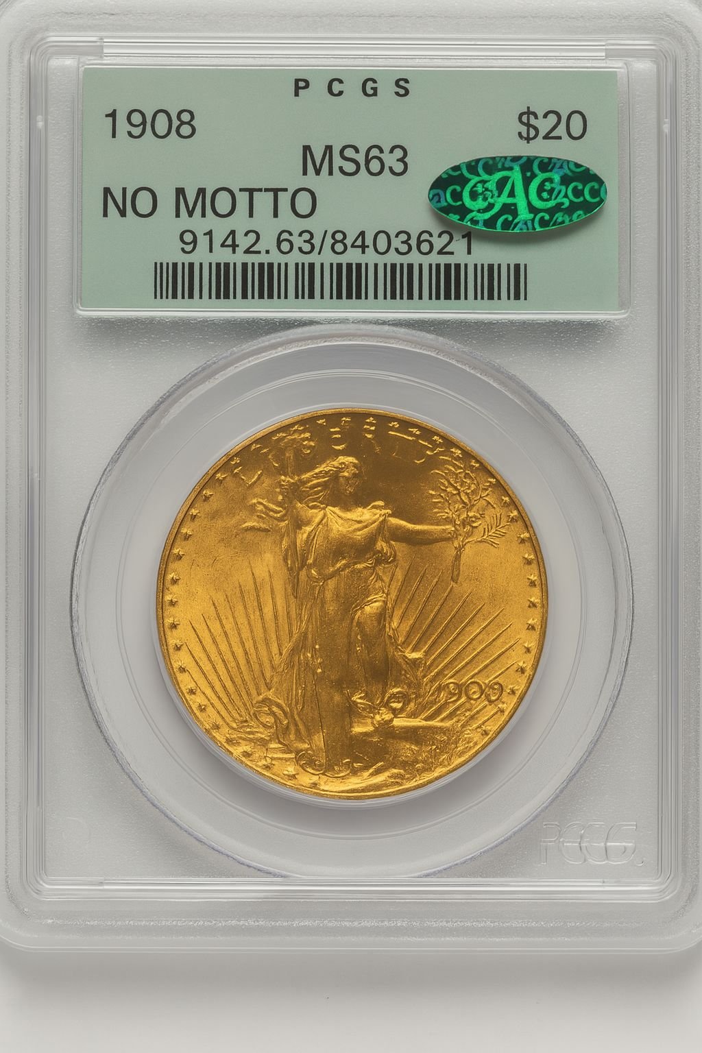 1908 $20 NO MOTTO Saint-Gaudens Double Eagle PCGS MS63