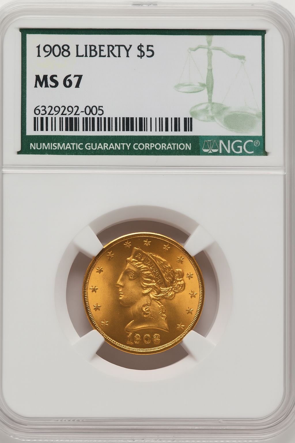 1908 $5 Liberty Green Label Liberty Half Eagle NGC MS67