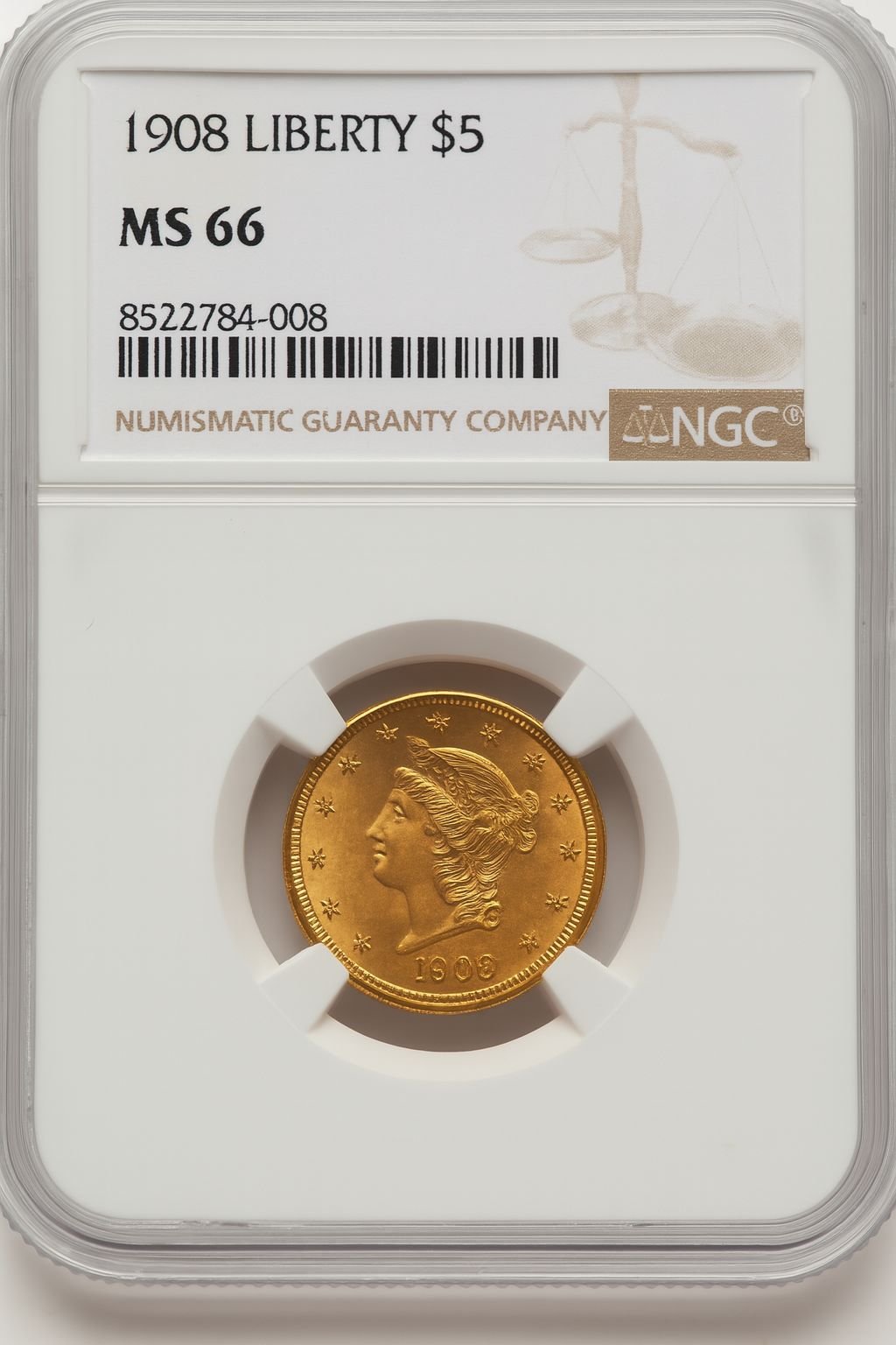 1908 $5 Liberty Liberty Half Eagle NGC MS66 (776203005)