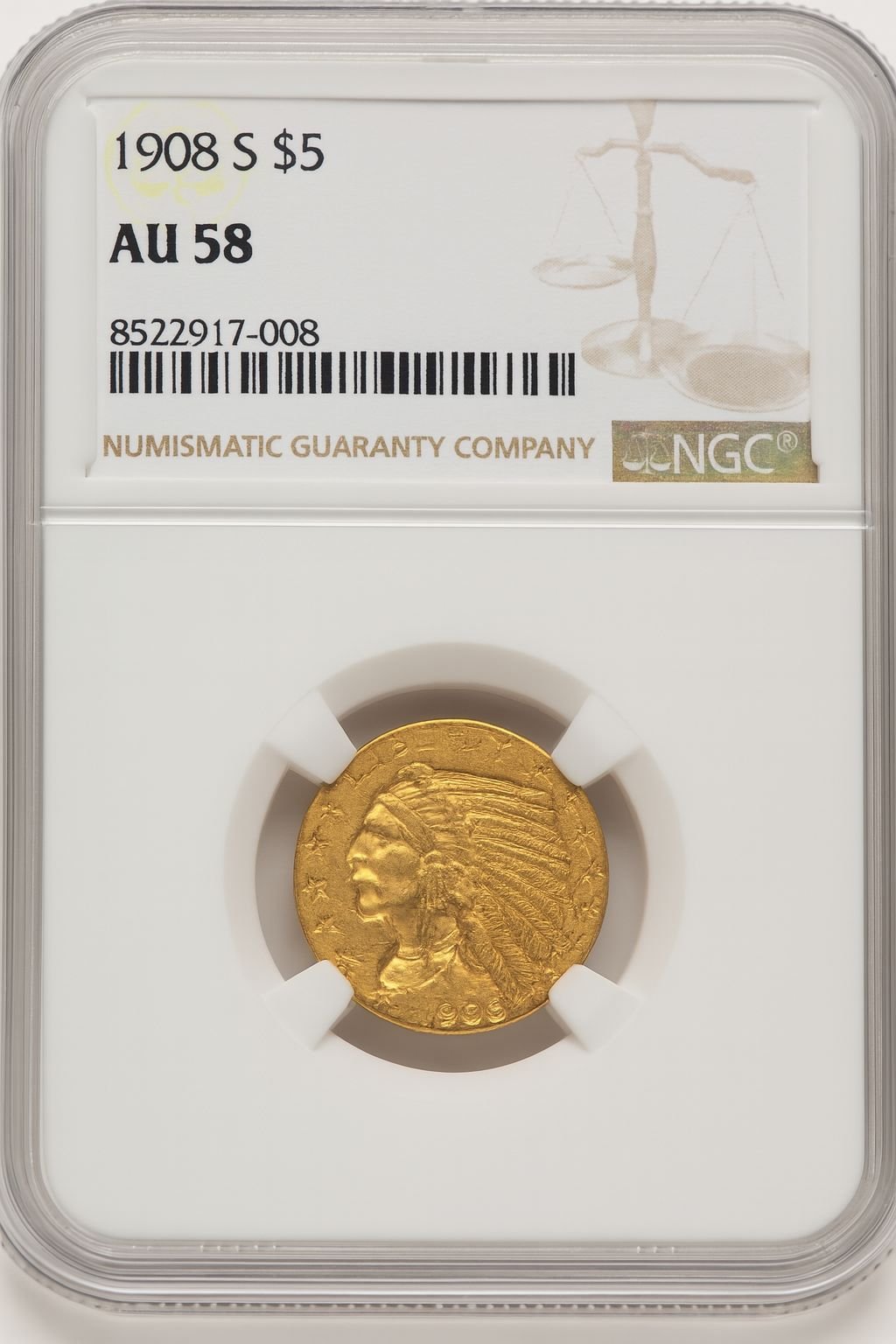 1908-S $5 Indian Half Eagle NGC AU58 (775996054)