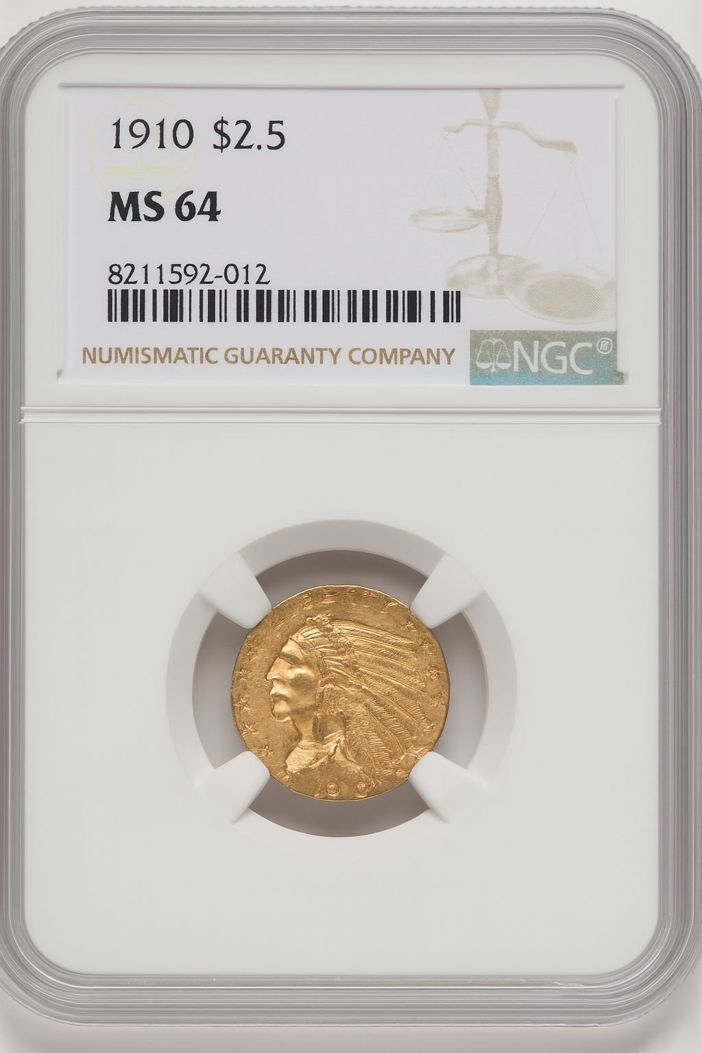 1910 $2.50 Indian Quarter Eagle NGC MS64 (771737377)