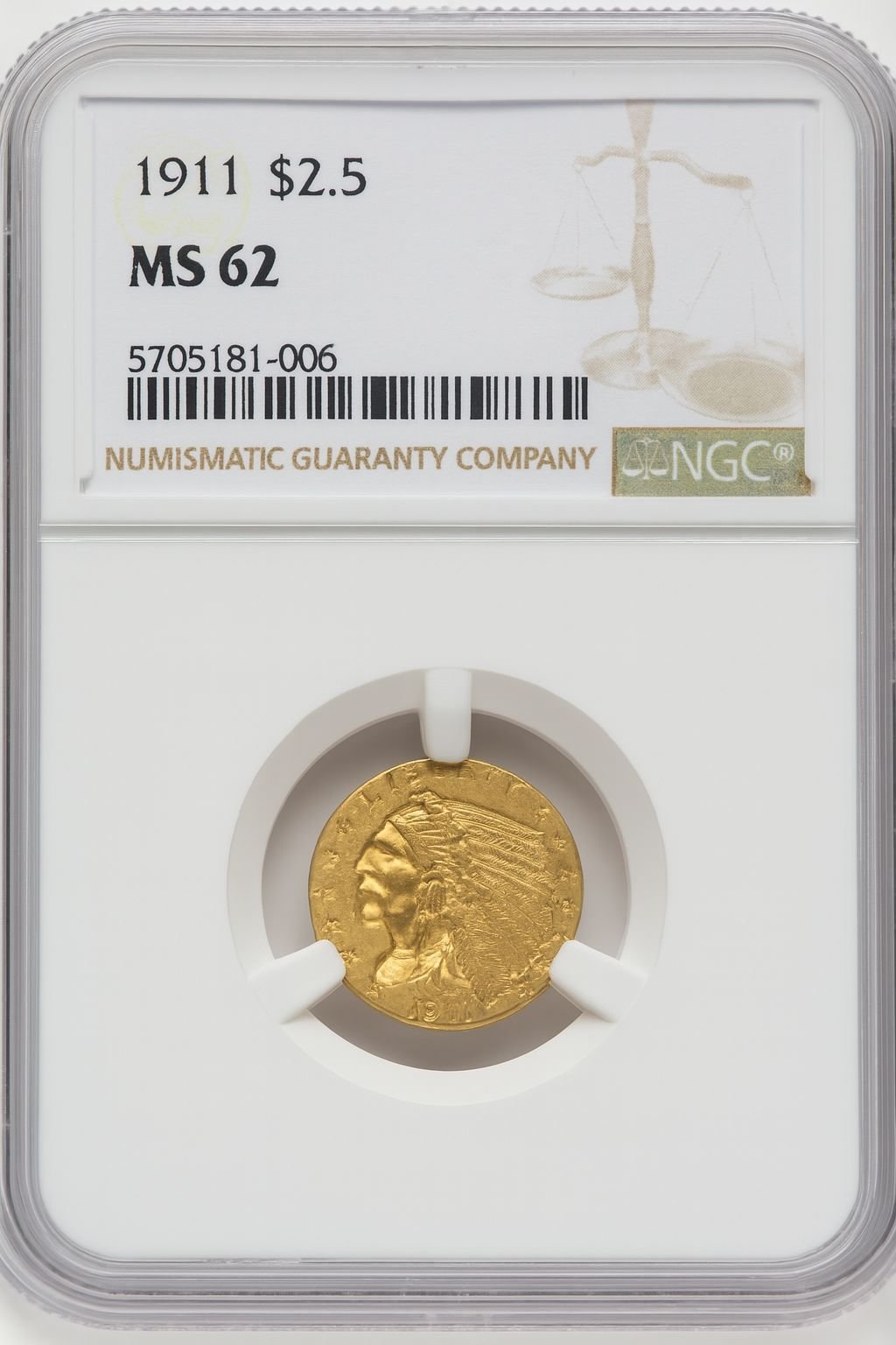 1911 $2.50 Indian Quarter Eagle NGC MS62 (766128002)