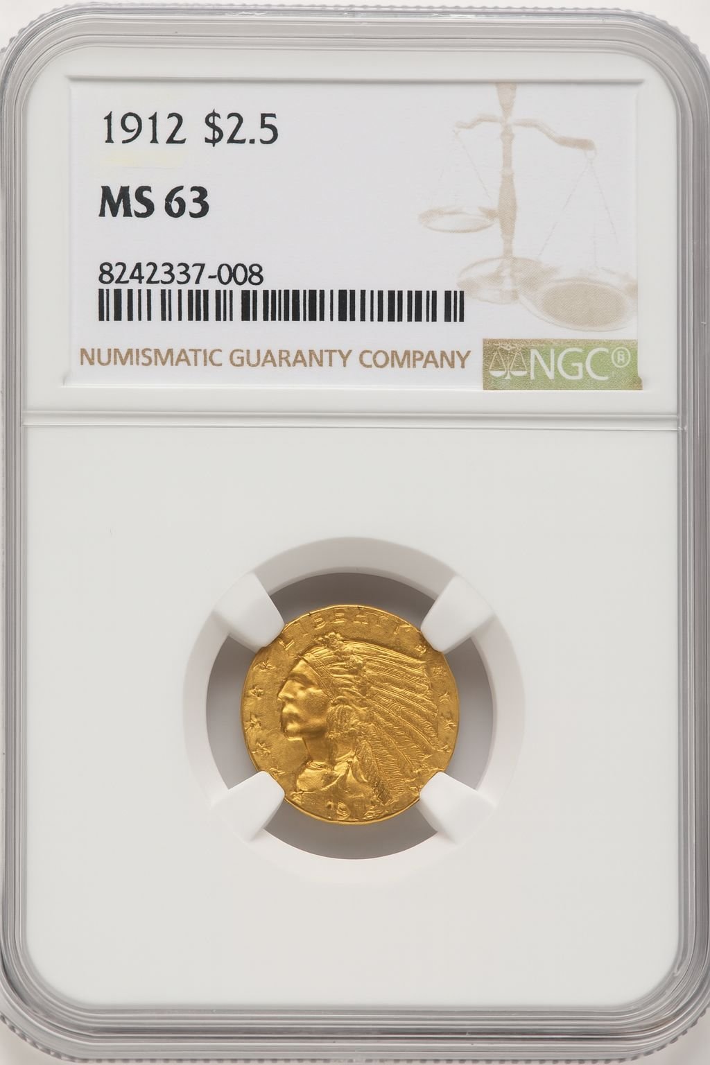1912 $2.50 Indian Quarter Eagle NGC MS63 (507051044)