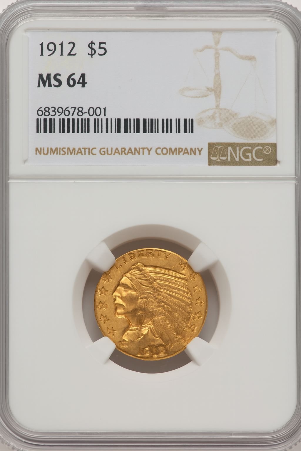 1912 $5 Indian Half Eagle NGC MS64 (520502019)