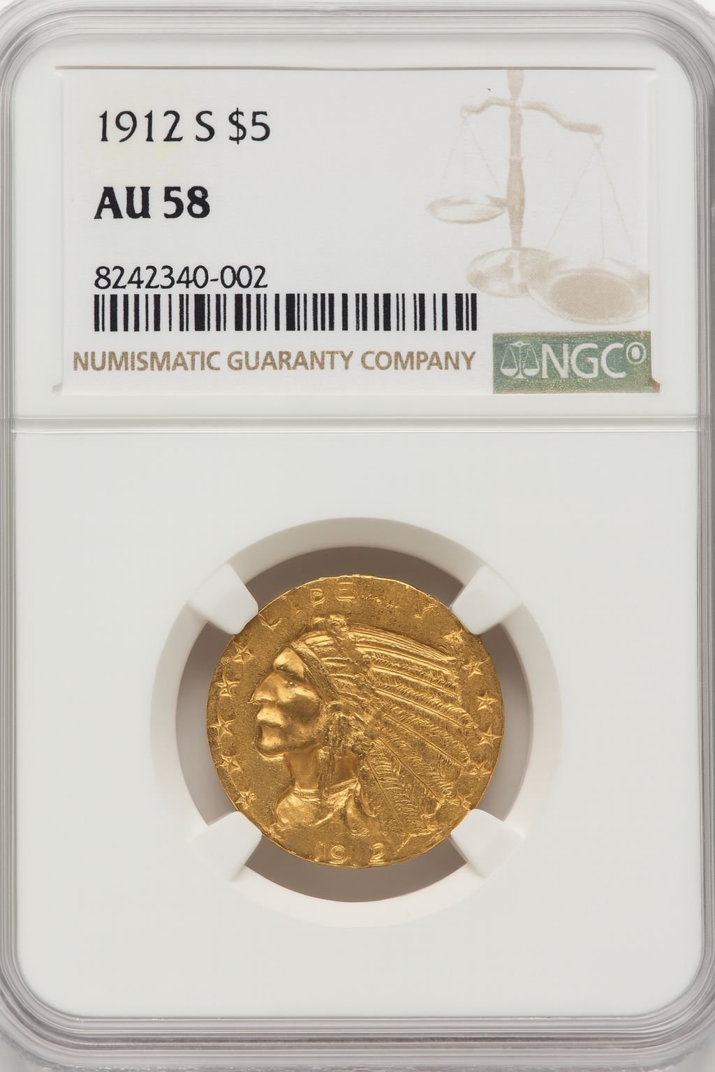 1912-S $5 Indian Half Eagle NGC AU58 (774318018)