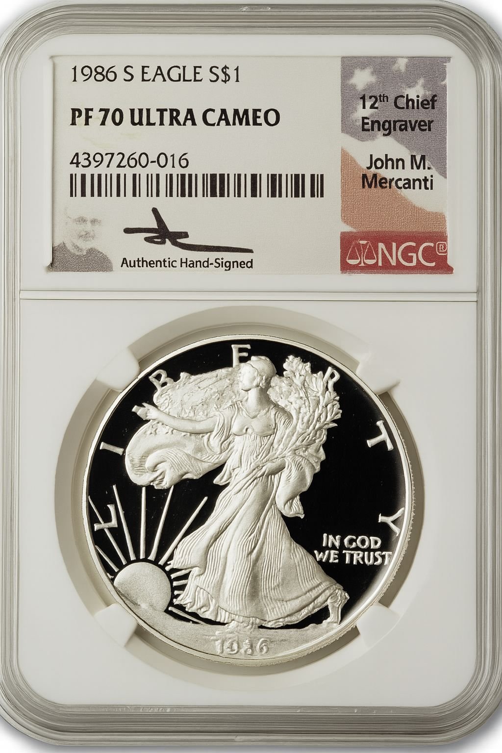 1986-S American Silver Eagle NGC PF70 UCAM Mercanti Signed