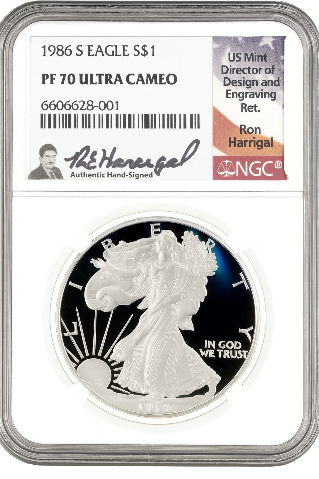 1986-S American Silver Eagle NGC PF70 UCAM Ron Harrigal Signed