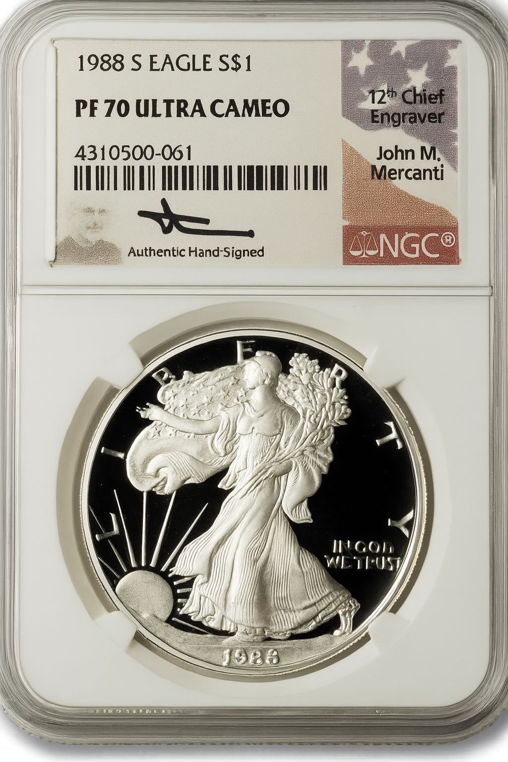 1988-S American Silver Eagle NGC PF70 UCAM Mercanti Signed