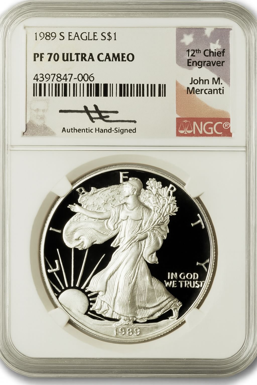 1989-S American Silver Eagle NGC PF70 UCAM Mercanti Signed