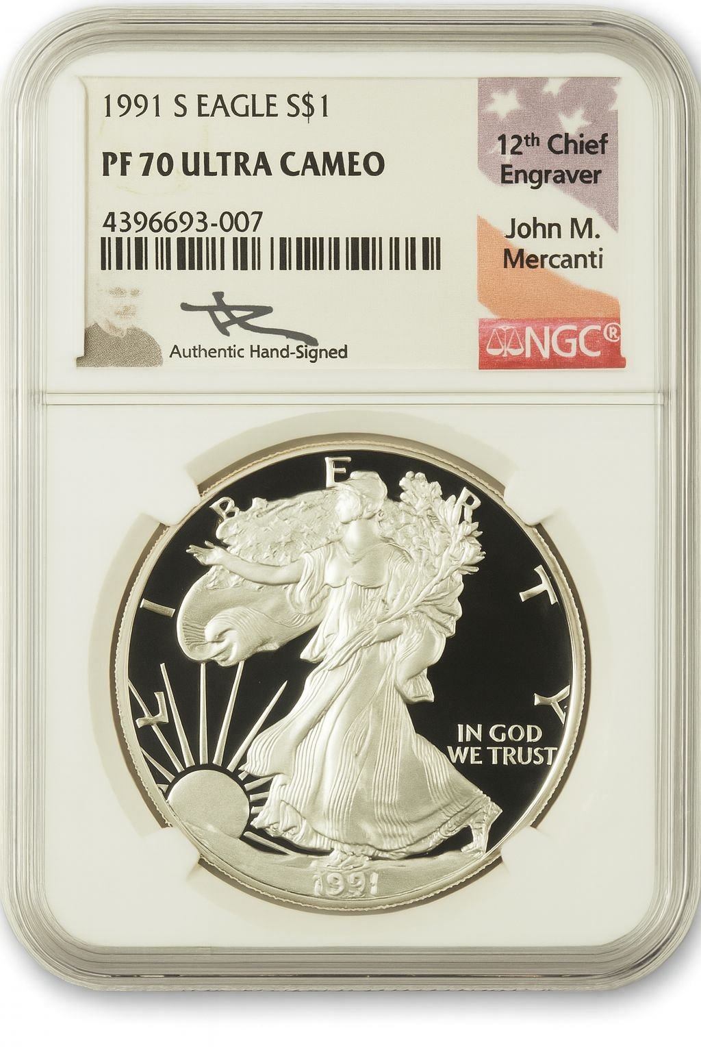 1991-S Silver Eagle NGC PF70 Ultra Cameo John Mercanti Signed