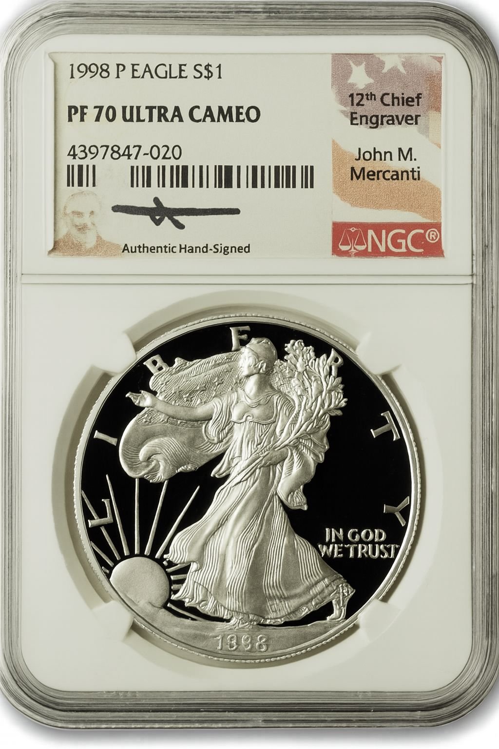 1998-P American Silver Eagle NGC PF70 UCAM Mercanti Signed