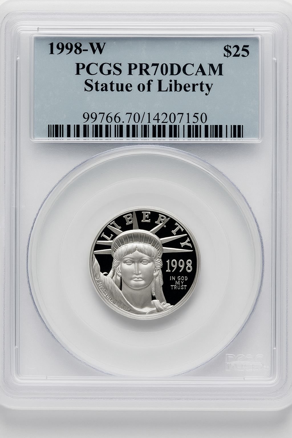 1998-W $25 Quarter-Ounce Platinum Eagle Statue of Liberty Blue Gradient PCGS PR70