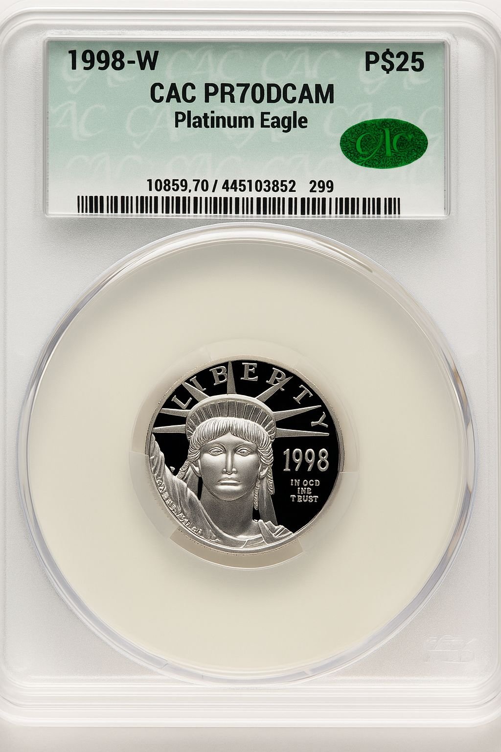 1998-W $25 Quarter-Ounce Platinum Eagle Statue of Liberty Brown Label CACG PR70