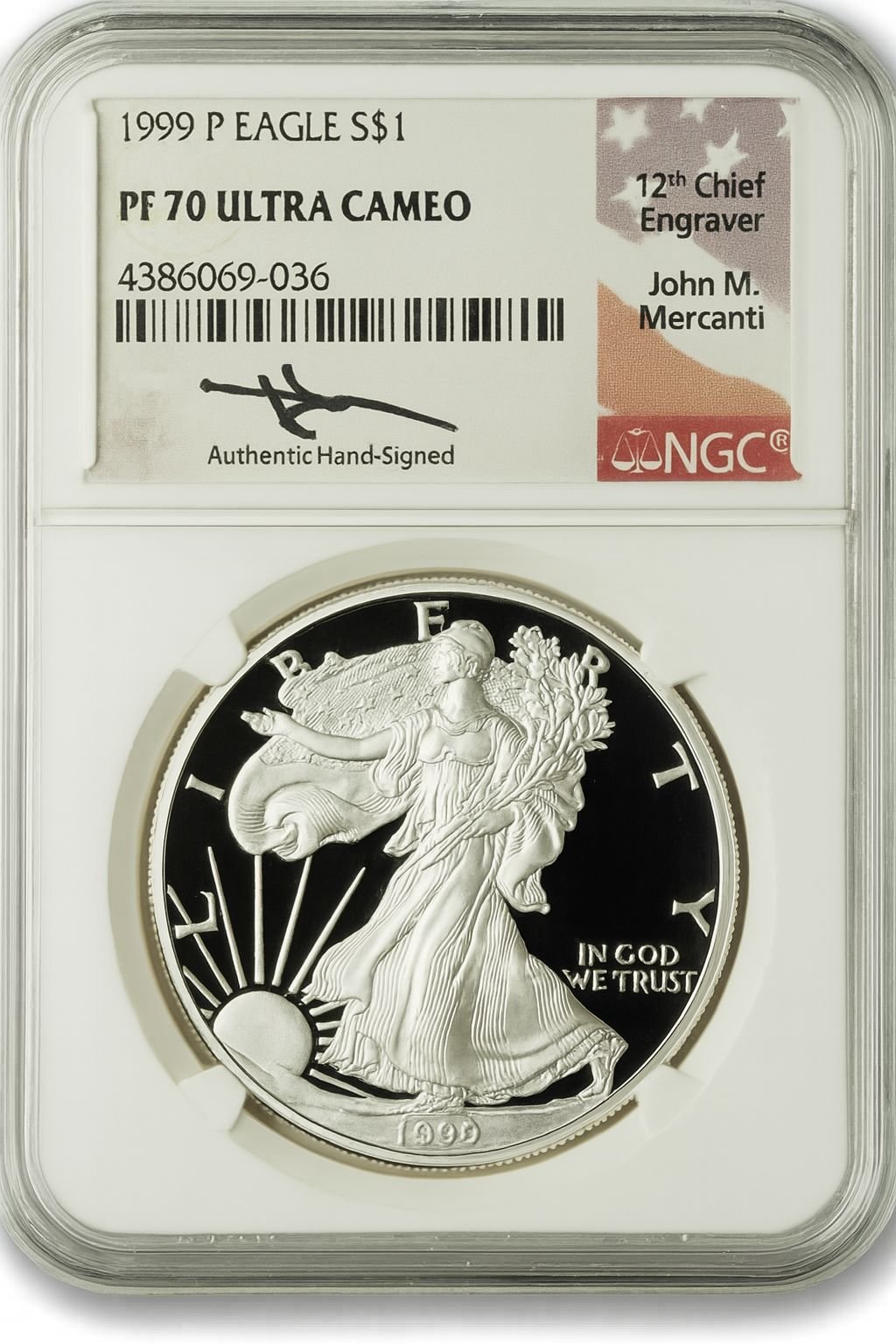 1999-P American Silver Eagle NGC PF70 UCAM Mercanti Signed