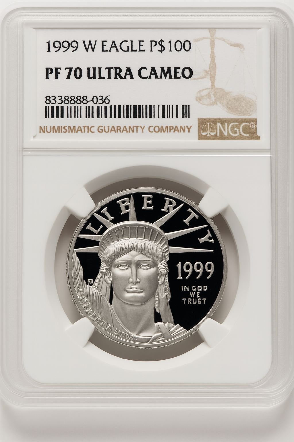 1999-W $100 One-Ounce Platinum Eagle Statue of Liberty Brown Label NGC PF70 (520684104)
