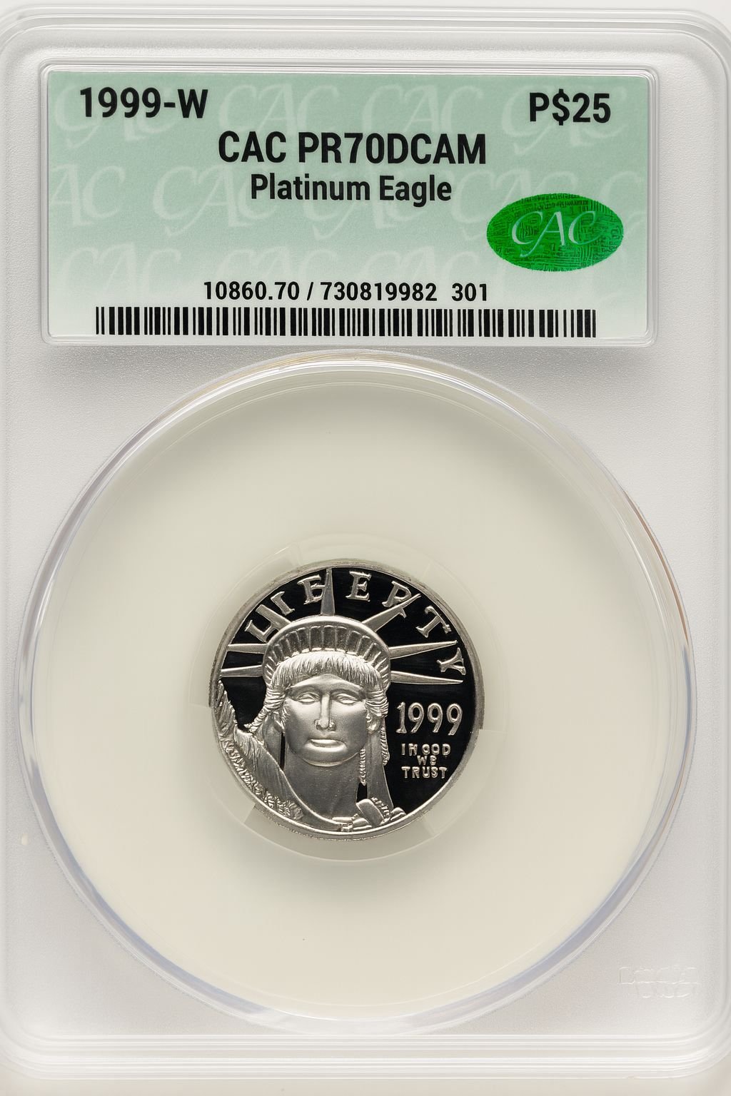 1999-W $25 Quarter-Ounce Platinum Eagle Statue of Liberty Brown Label CACG PR70