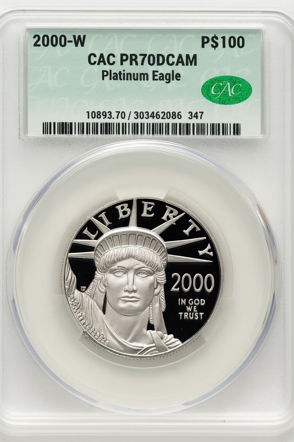 2000-W $100 One-Ounce Platinum Eagle Statue of Liberty Brown Label CACG PR70
