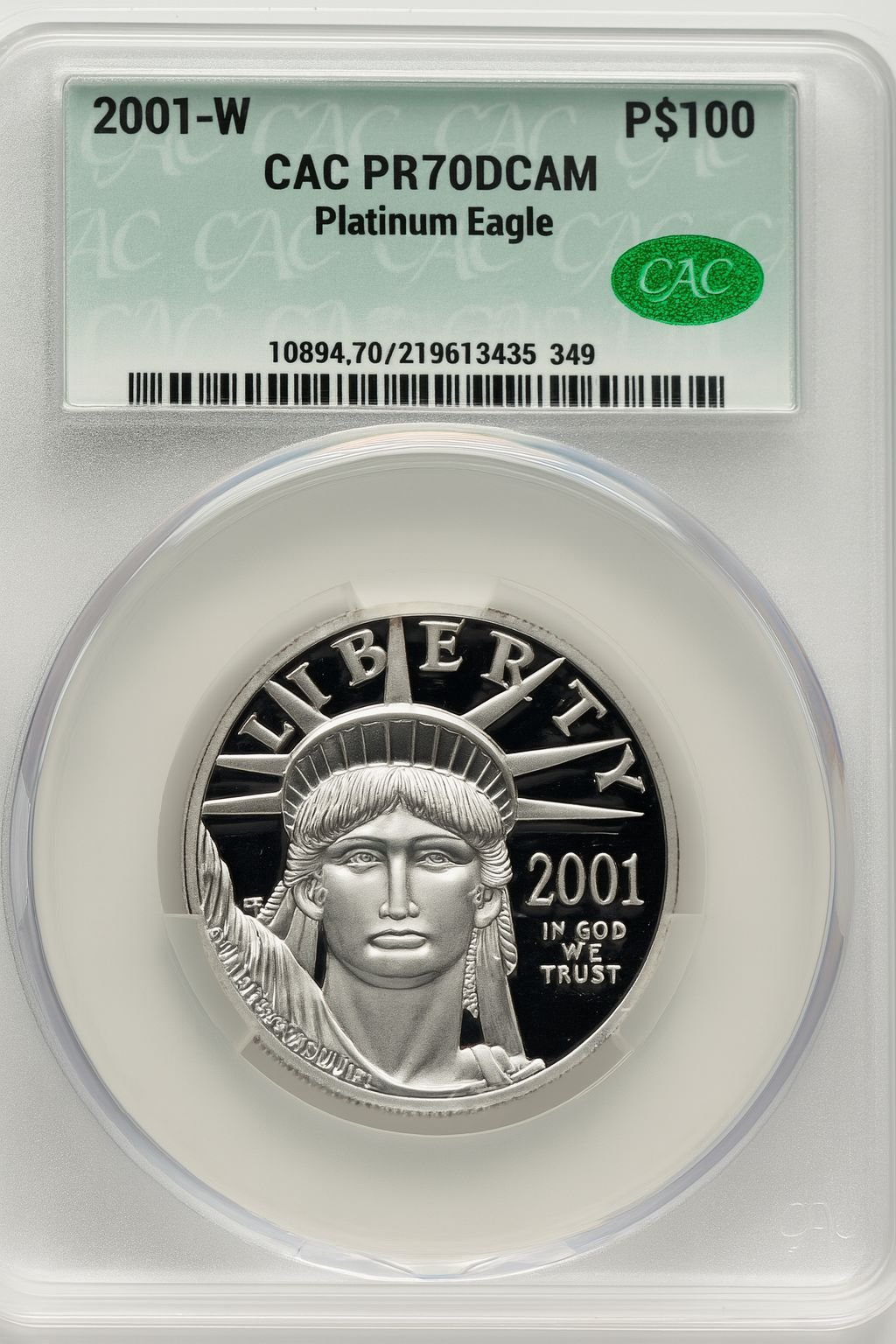 2001-W $100 One-Ounce Platinum Eagle Statue of Liberty Mike Castle CACG PR70