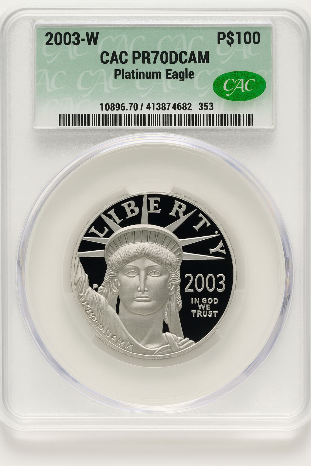 2003-W $100 One-Ounce Platinum Eagle Statue of Liberty Blue Gradient CACG PR70