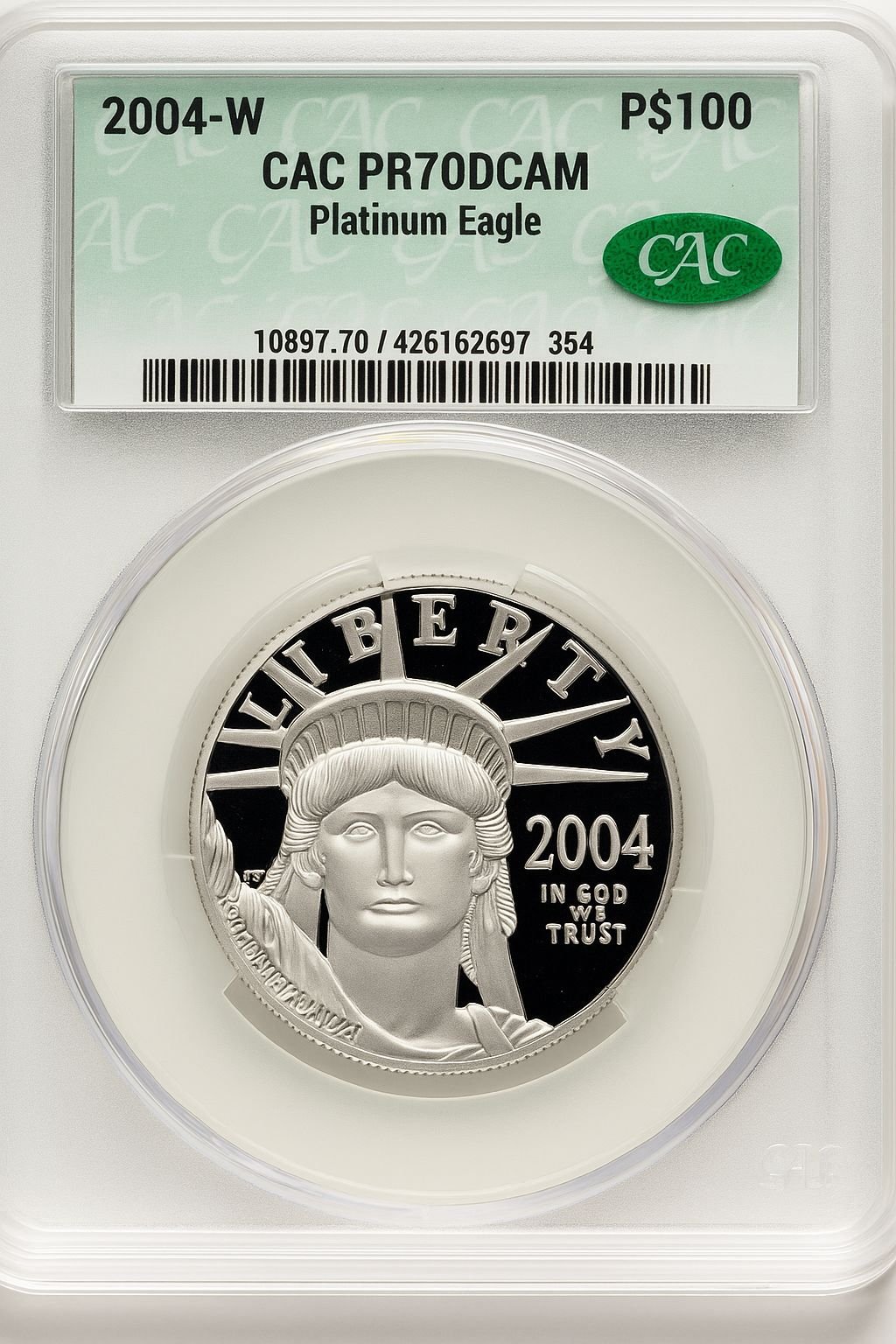 2004-W P$100 One-Ounce American Platinum Eagle Statue of Liberty Brown Label CACG PR70
