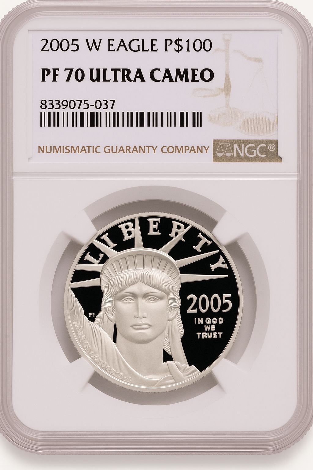2005-W $100 One-Ounce Platinum Eagle Statue of Liberty Brown Label NGC PF70 (520703043)