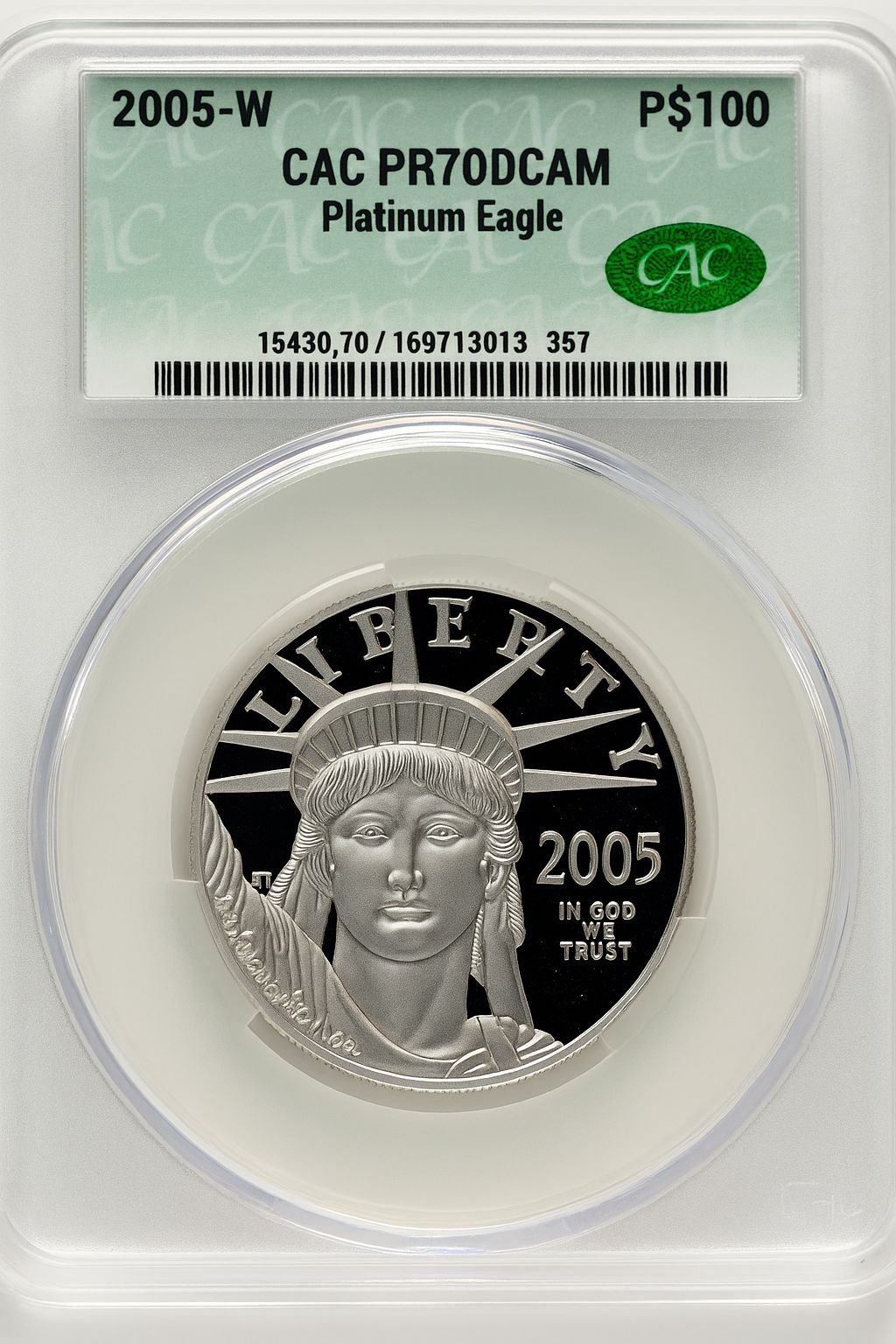 2005-W $100 One-Ounce Platinum Eagle Statue of Liberty Mike Castle CACG PR70