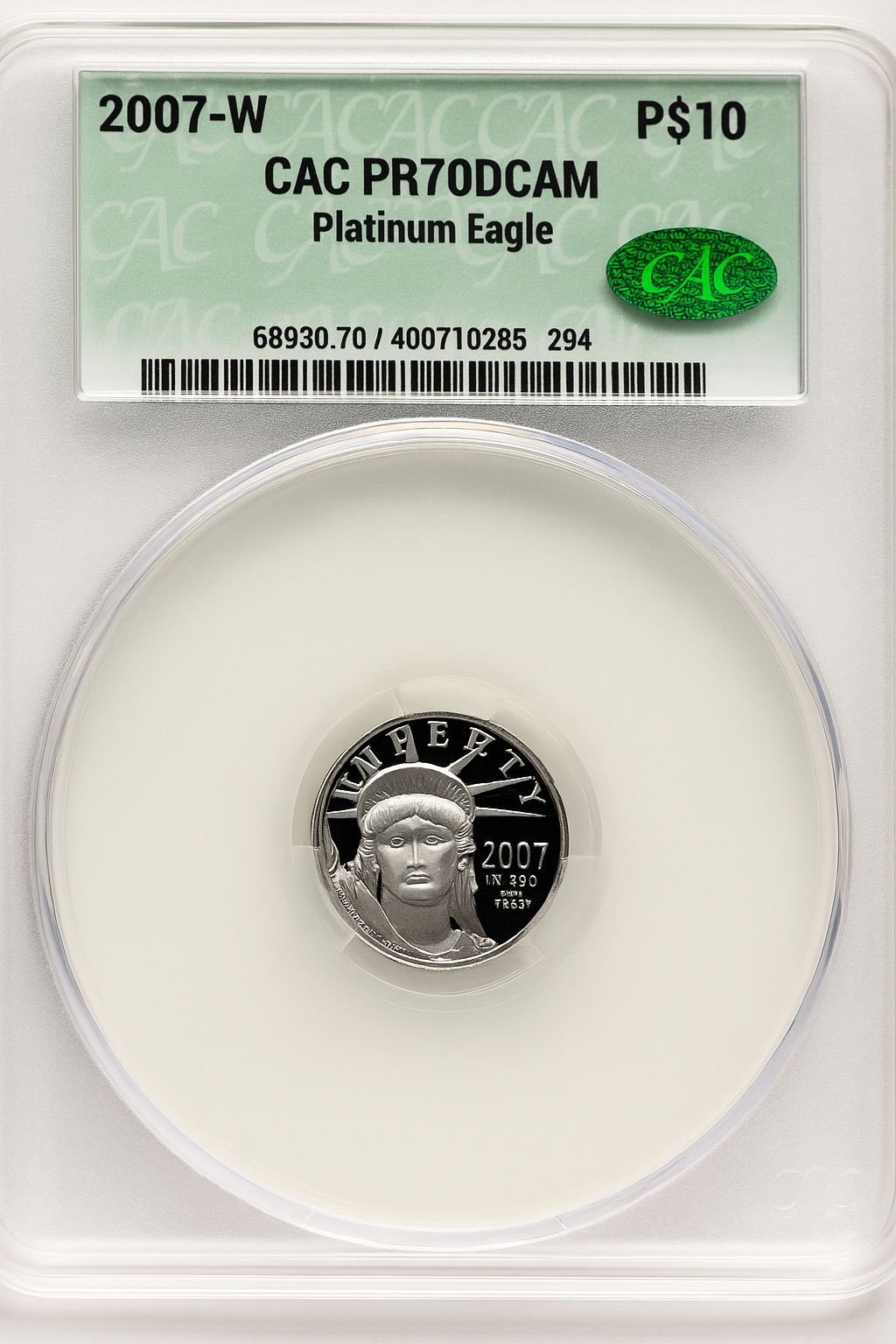 2007-W $10 Tenth-Ounce Platinum Eagle Brown Label CACG PR70