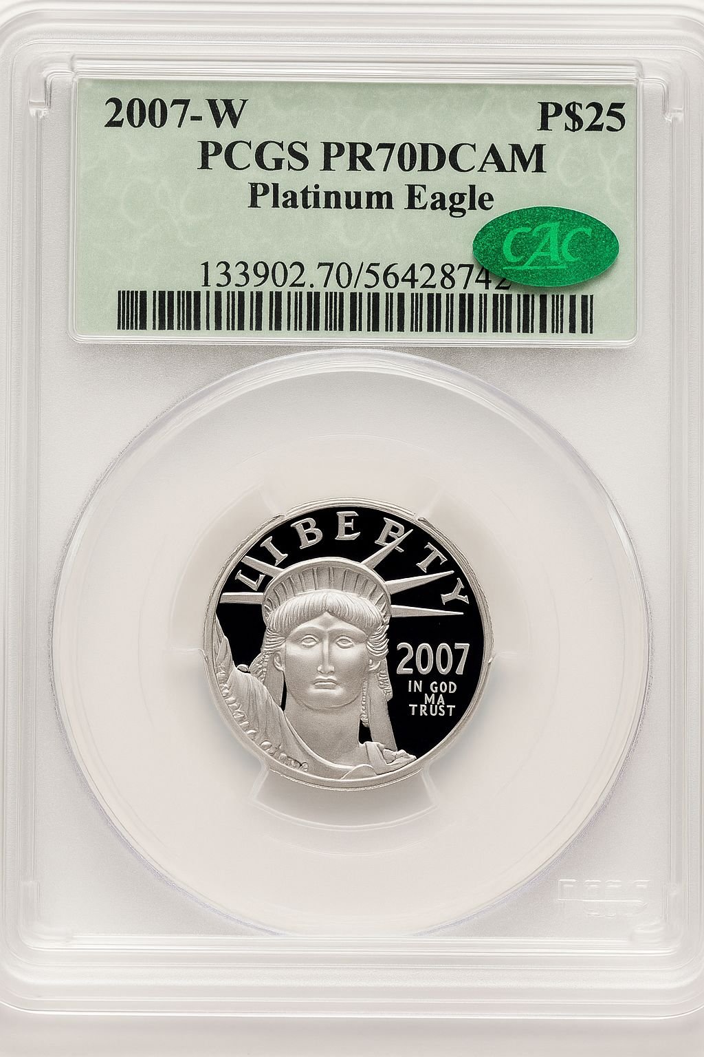 2007-W $25 Quarter-Ounce Platinum Eagle Statue of Liberty Brown Label CACG PR70