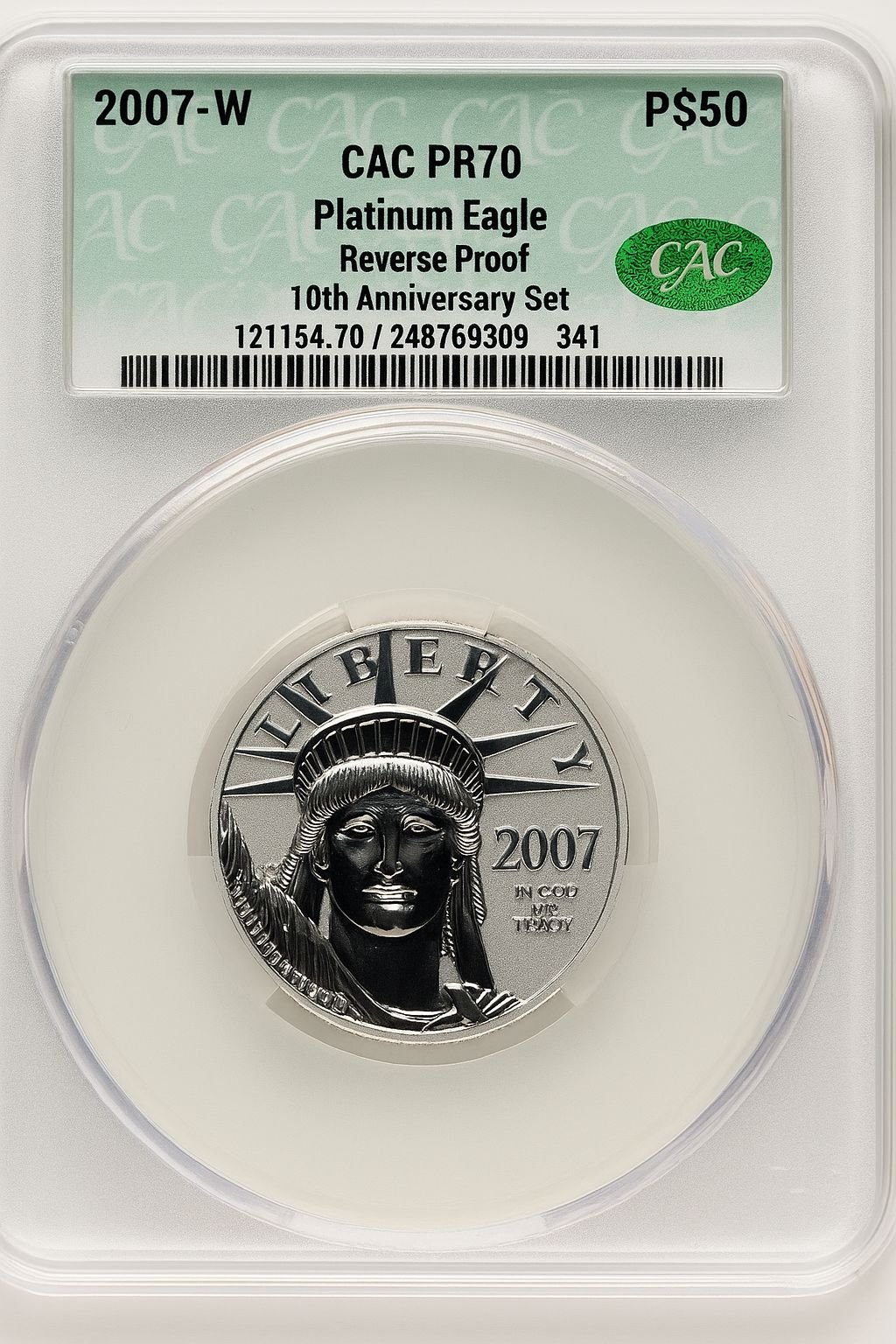 2007-W $50 Half-Ounce Platinum Eagle Reverse Proof Brown Label CACG PR70