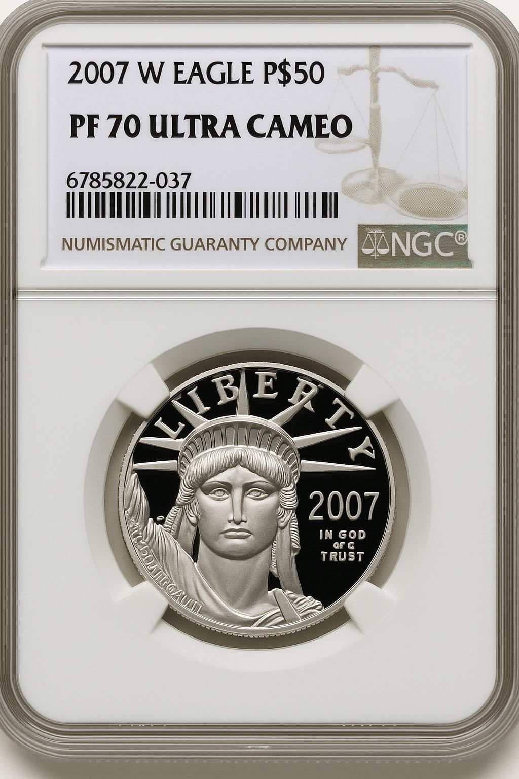 2007-W $50 Half-Ounce Platinum Eagle Statue of Liberty Brown Label CACG PR70 (759998008)