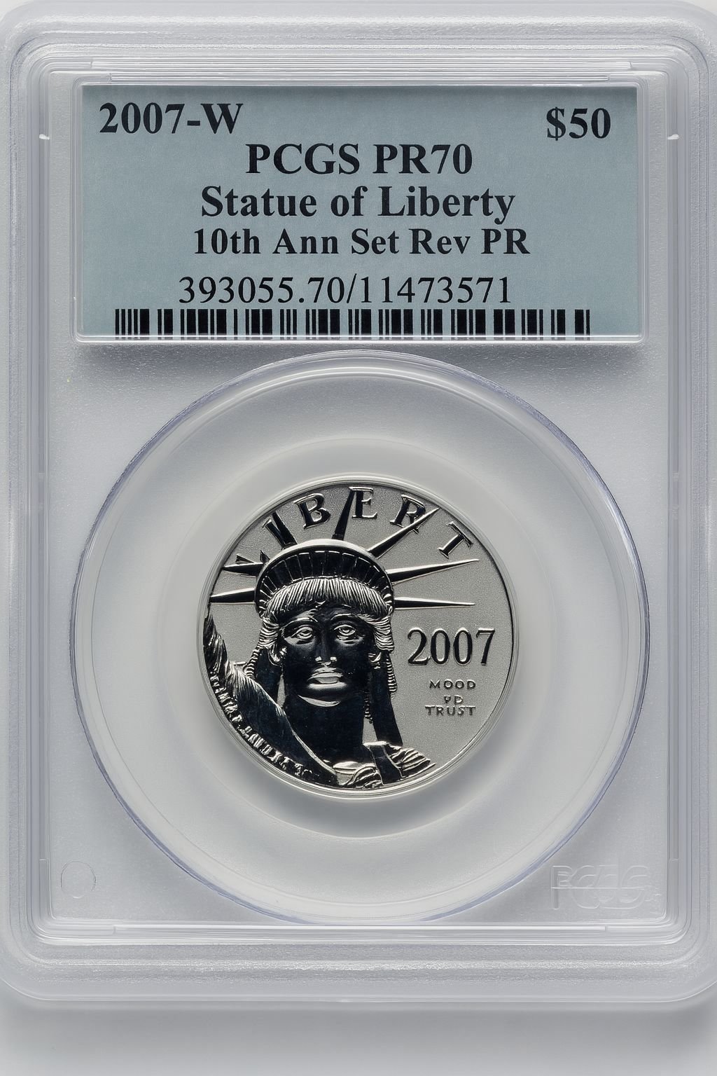 2007-W $50 Half-Ounce Platinum Reverse Proof 10th Anniversary Blue Gradient PCGS PR70