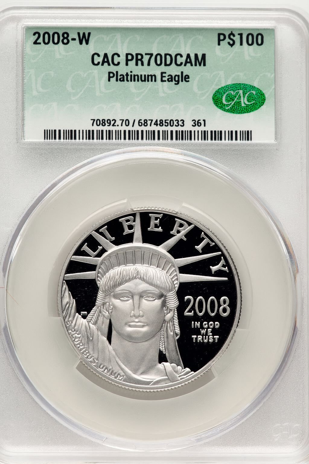 2008-W $100 One-Ounce Platinum Eagle Statue of Liberty Brown Label CACG PR70