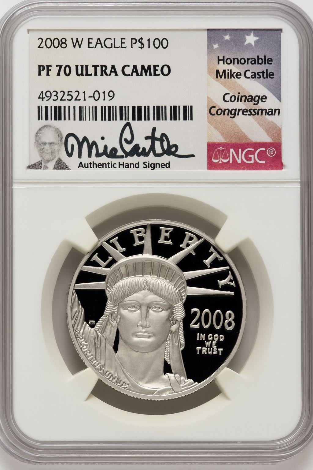 2008-W $100 One-Ounce Platinum Eagle Statue of Liberty Mike Castle NGC PF70