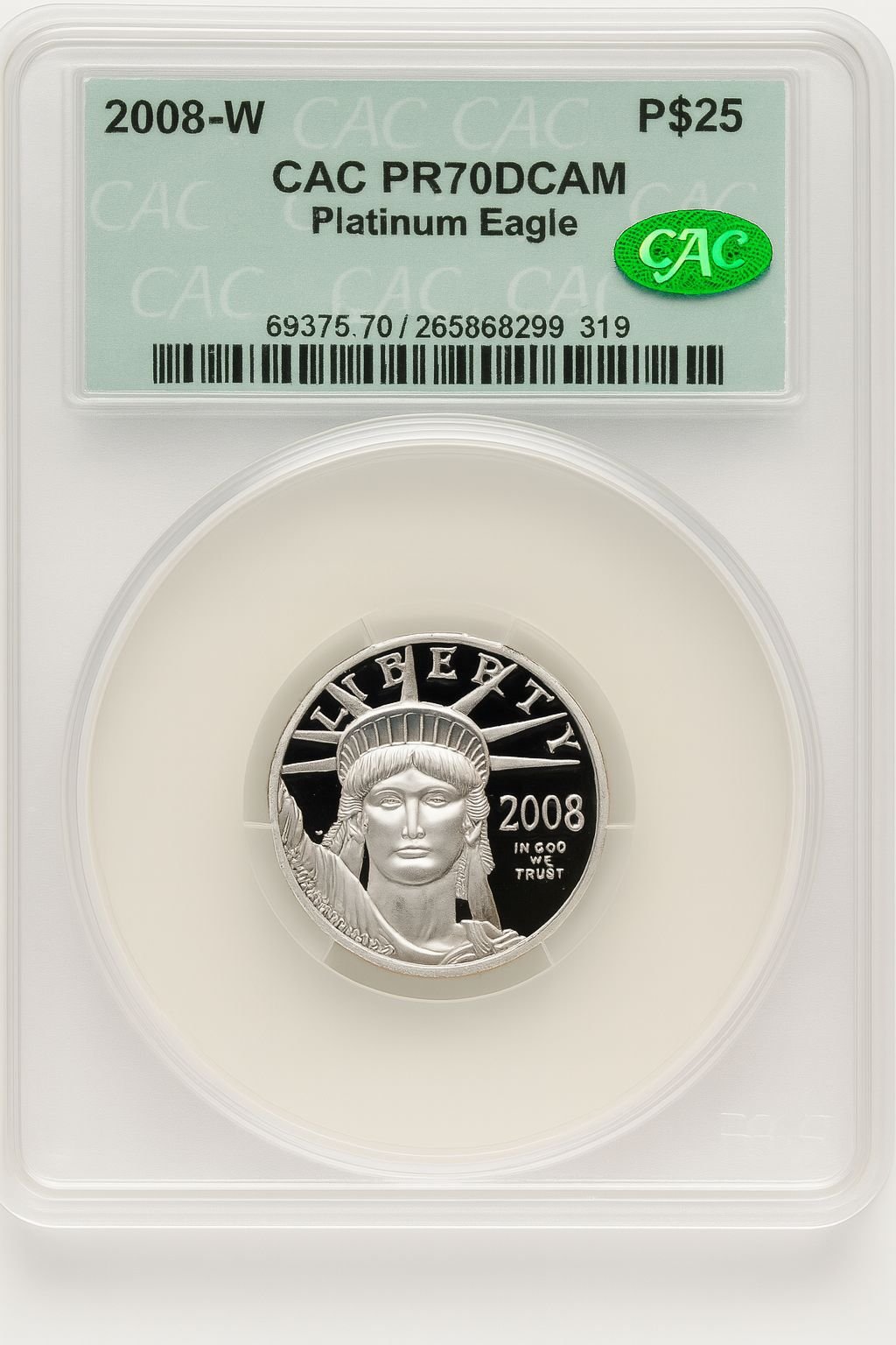 2008-W $25 Quarter-Ounce Platinum Eagle Statue of Liberty Brown Label CACG PR70