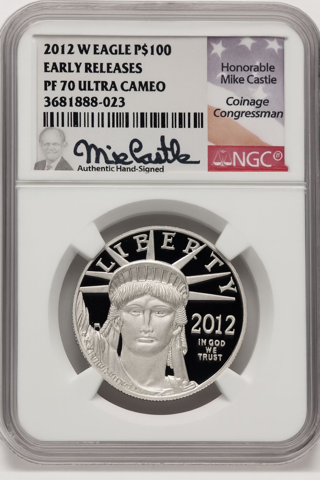 2012-W $100 One-Ounce Platinum Eagle First Strike ER Mike Castle NGC PF70