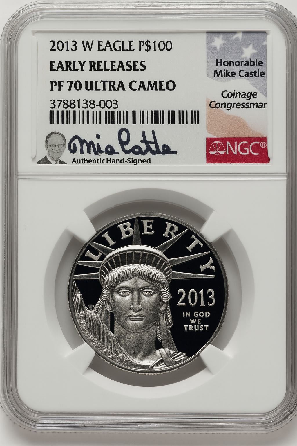 2013-W $100 Platinum Eagle First Strike ER Mike Castle NGC PF70